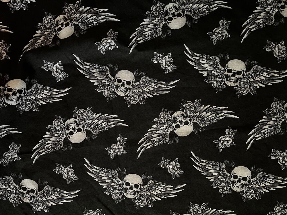 Winged Skulls on Black Cotton Fabric 5/6 yard | Destash
